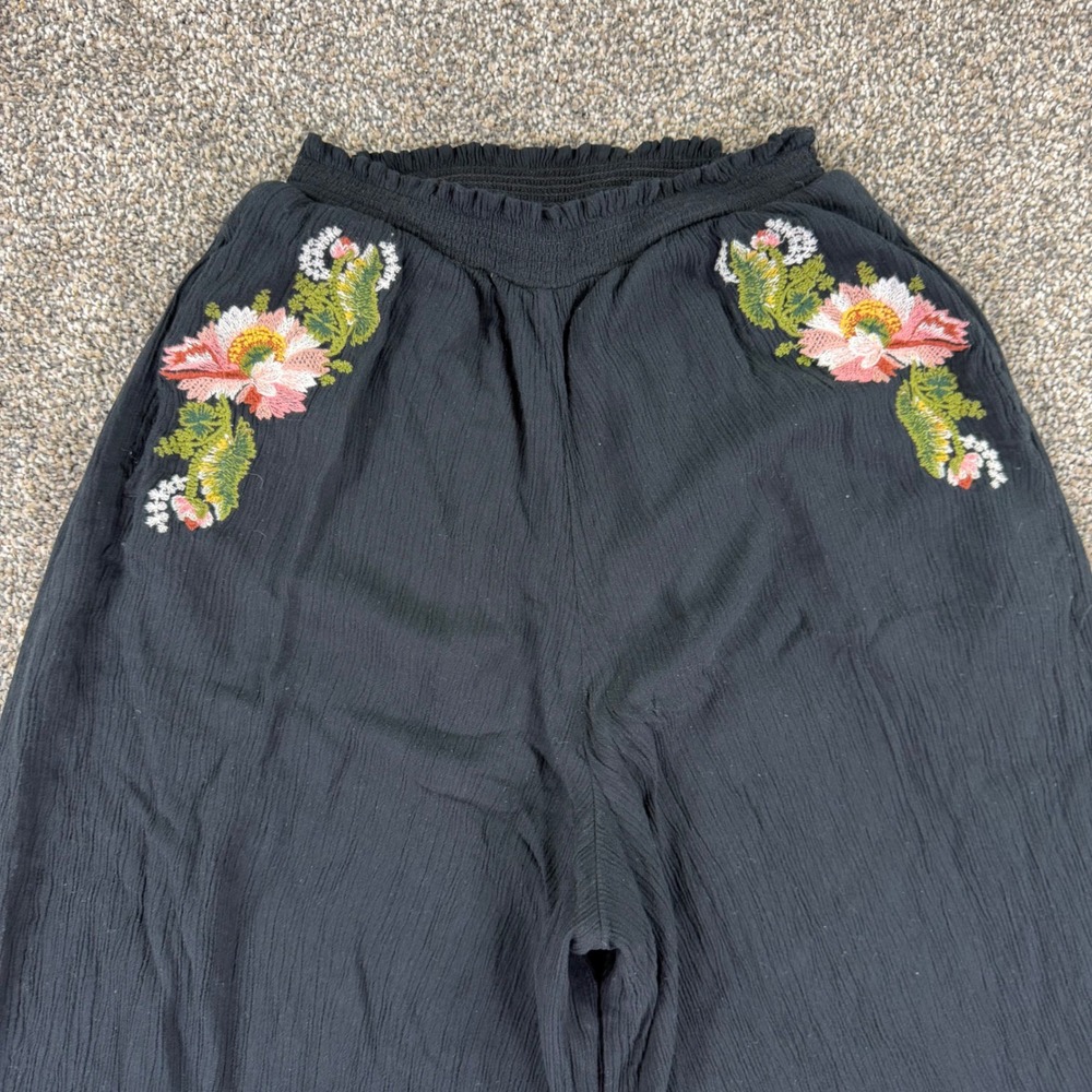 Free People Black Floral Embroidered Wide Leg Gauze Pants XS Smocked Waist Boho - Picture 3 of 12